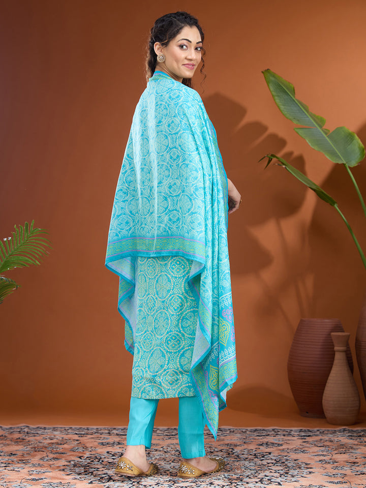 Turquoise Blue Threadwork Chanderi Readymade Salwar Suit