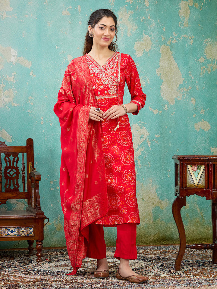 Red Sequins Chanderi Readymade Salwar Suit