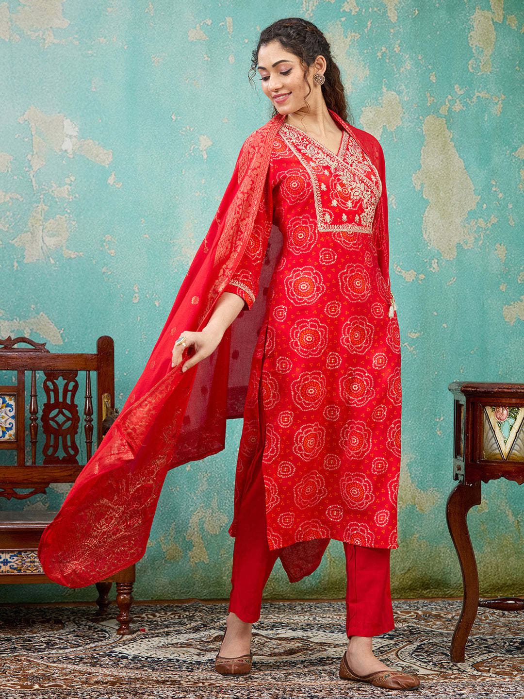 Red Sequins Chanderi Readymade Salwar Suit