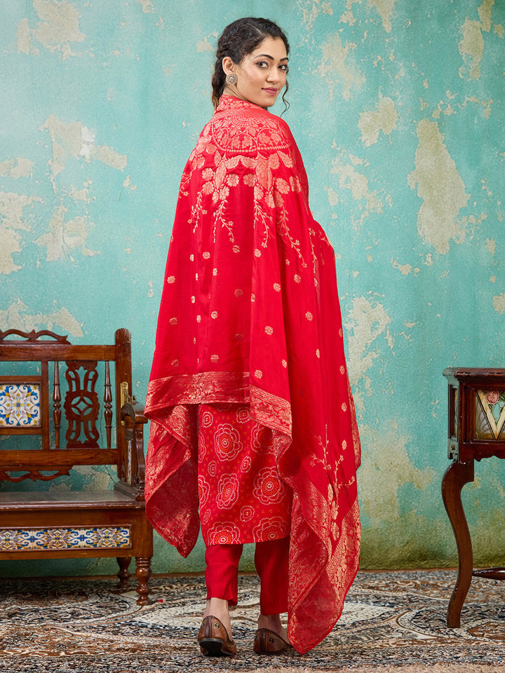 Red Sequins Chanderi Readymade Salwar Suit