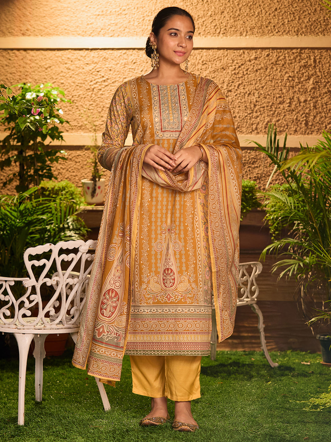 Mustard Yellow Cutdana Chanderi Readymade Salwar Suit