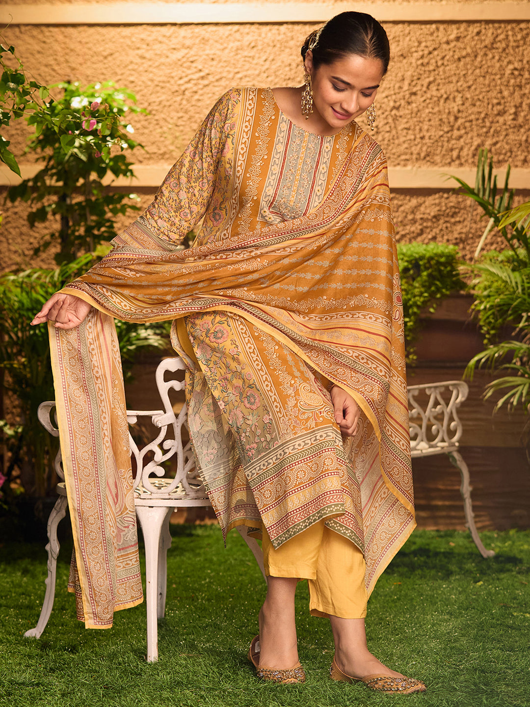 Mustard Yellow Cutdana Chanderi Readymade Salwar Suit
