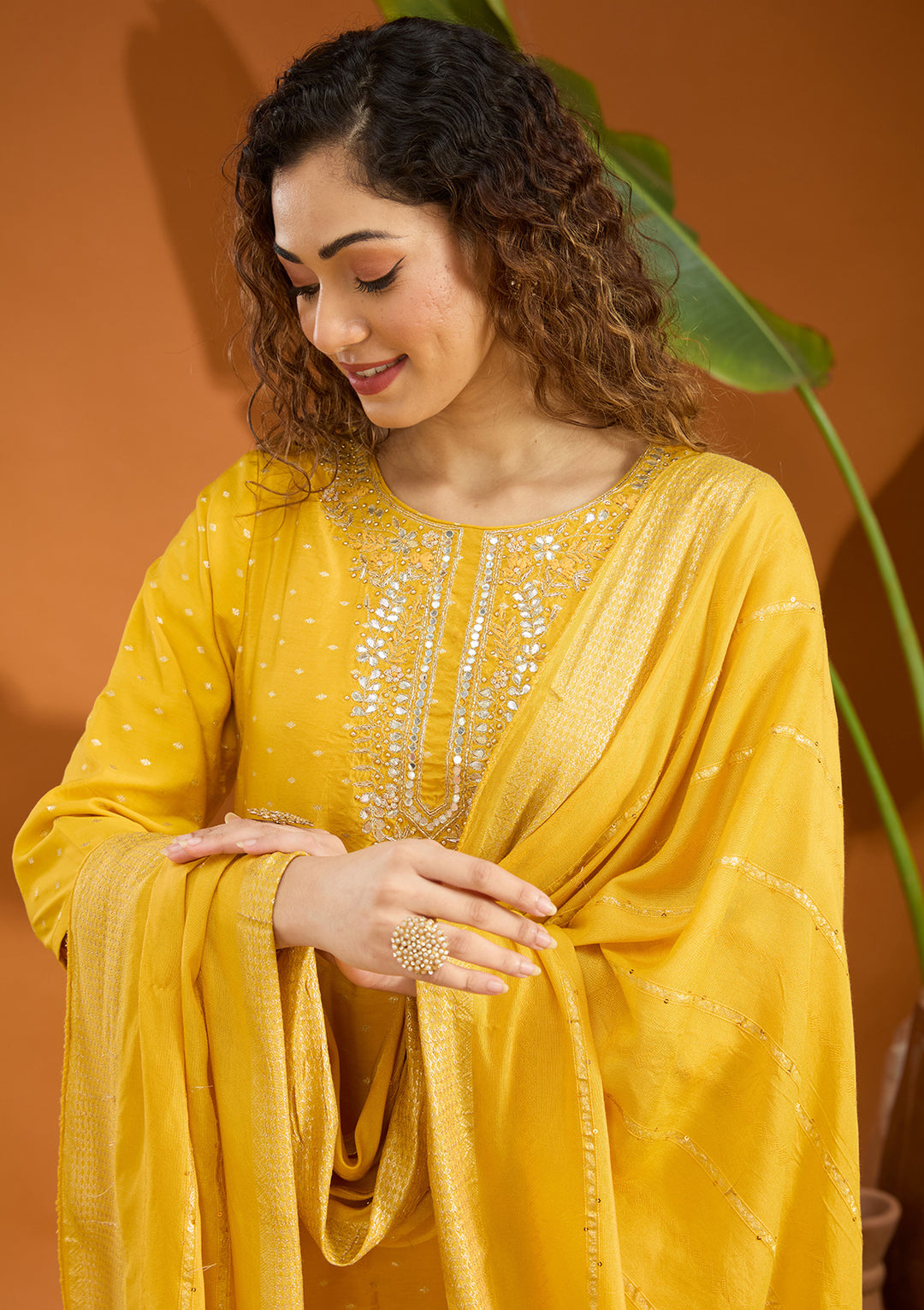 Mustard Yellow Cording Chanderi Readymade Salwar Suit
