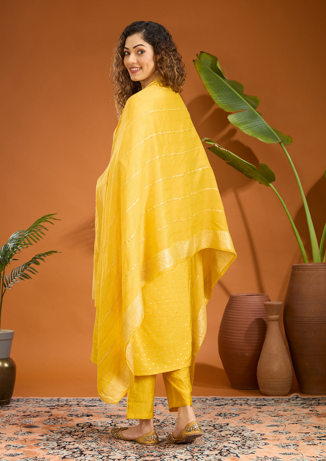 Mustard Yellow Cording Chanderi Readymade Salwar Suit