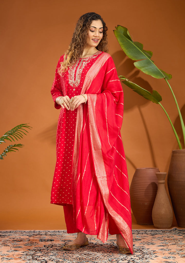 Red Cording Chanderi Readymade Salwar Suit