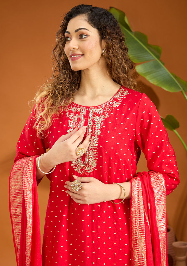 Red Cording Chanderi Readymade Salwar Suit