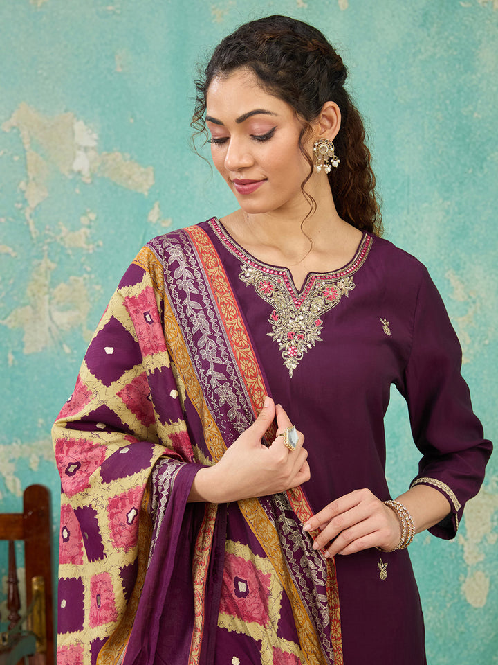 Purple Zariwork Soft Raw Silk Readymade Salwar Suit
