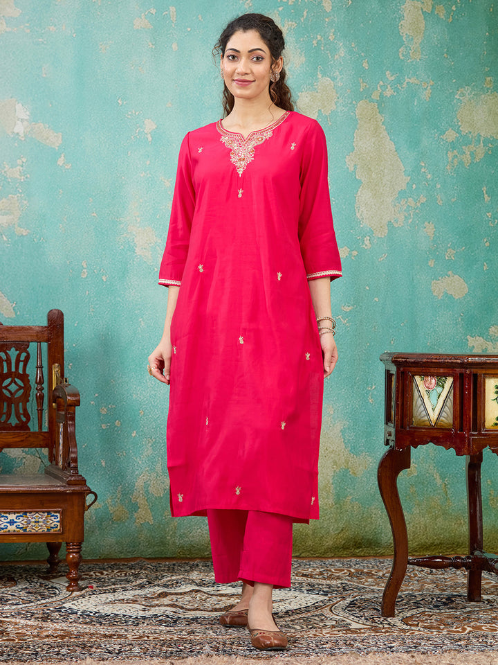 Rani Pink Zariwork Soft Raw Silk Readymade Salwar Suit