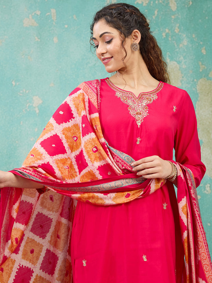 Rani Pink Zariwork Soft Raw Silk Readymade Salwar Suit