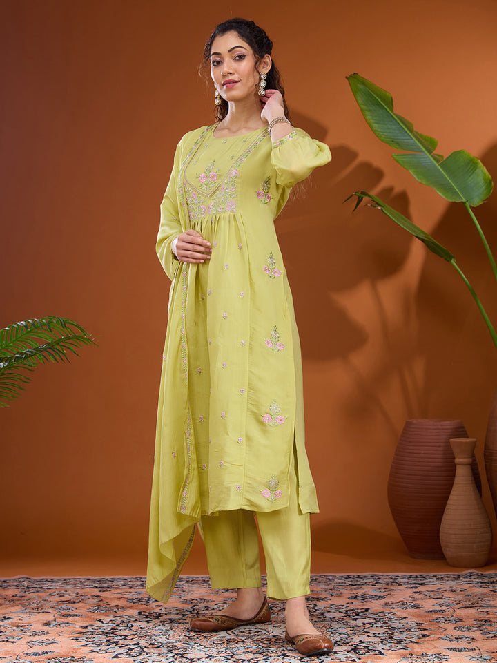 Pista Green Threadwork Chanderi Readymade Salwar Suit
