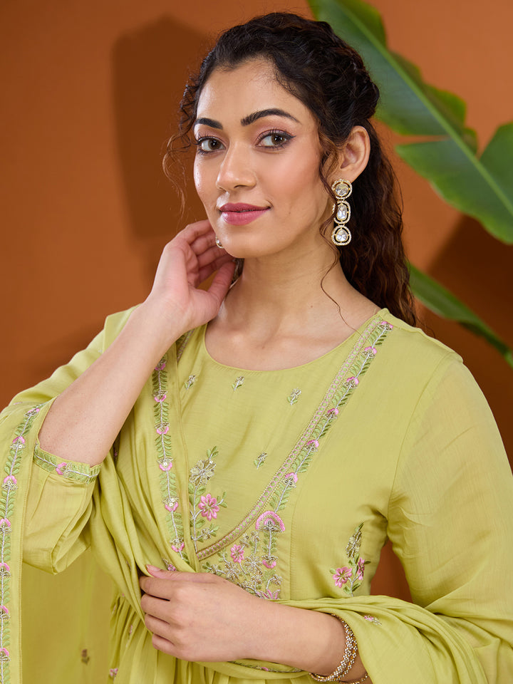 Pista Green Threadwork Chanderi Readymade Salwar Suit