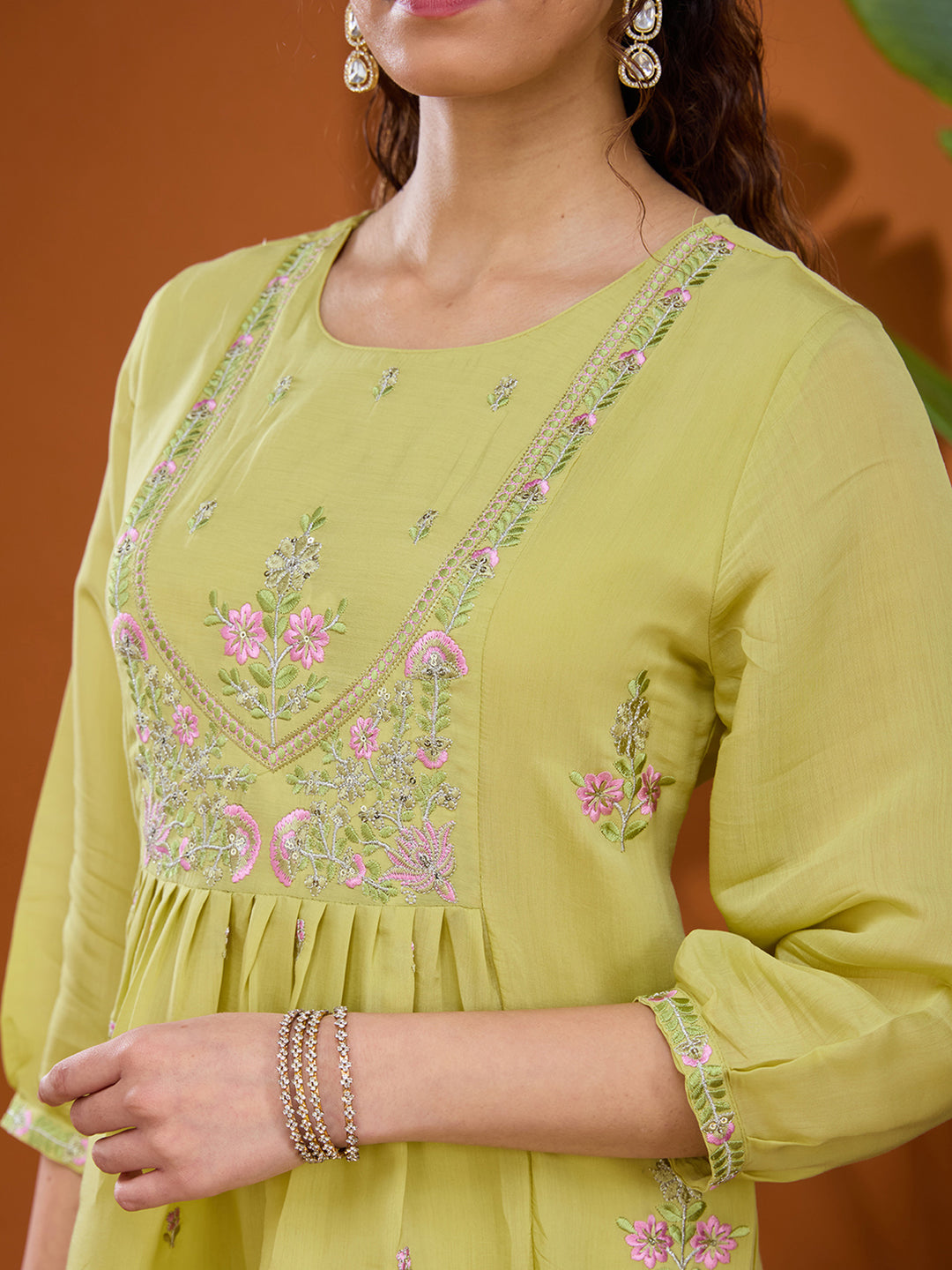 Pista Green Threadwork Chanderi Readymade Salwar Suit
