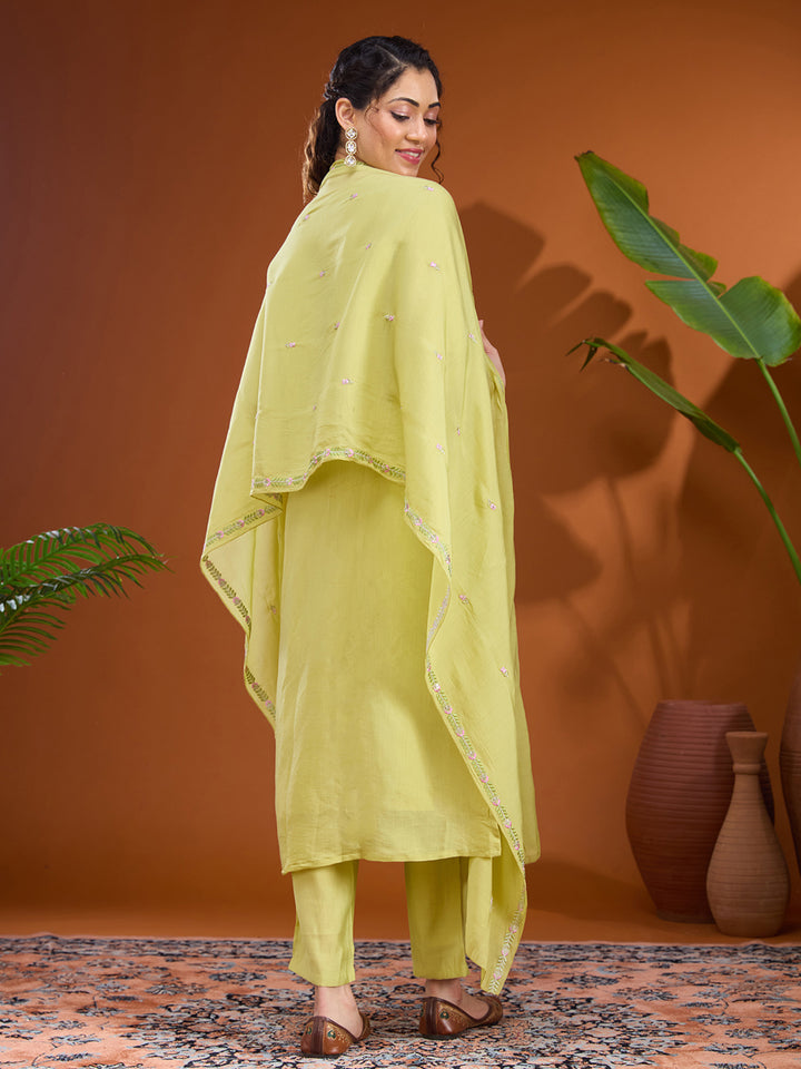 Pista Green Threadwork Chanderi Readymade Salwar Suit