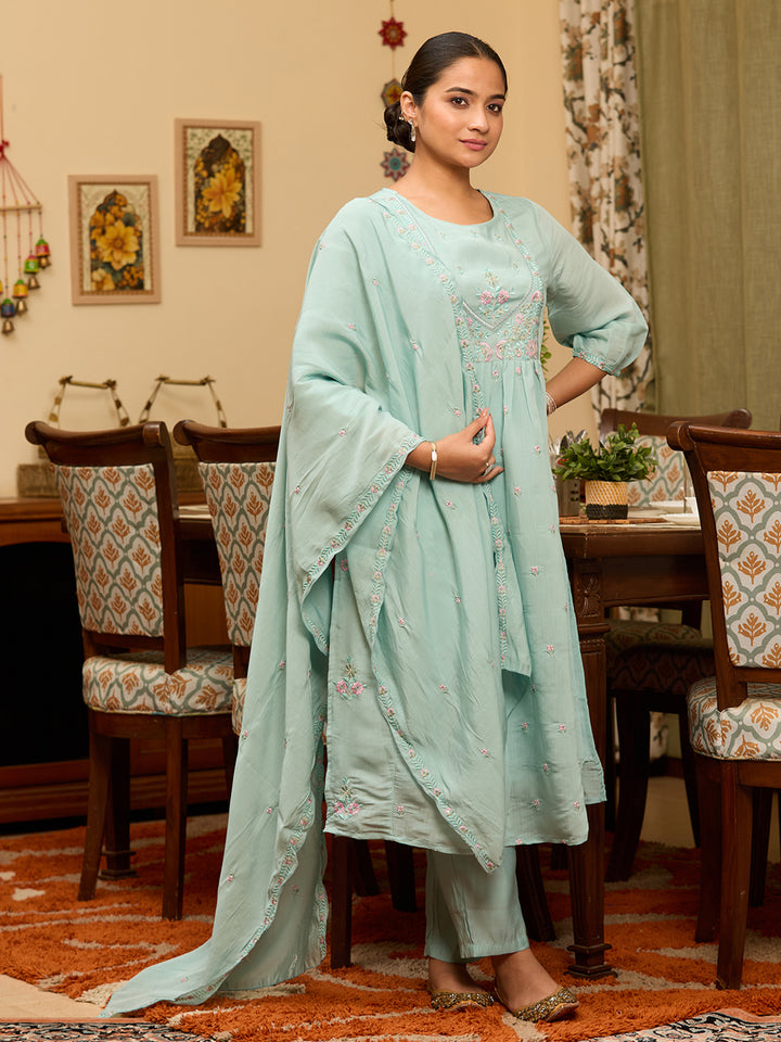 Sky Blue Threadwork Chanderi Readymade Salwar Suit