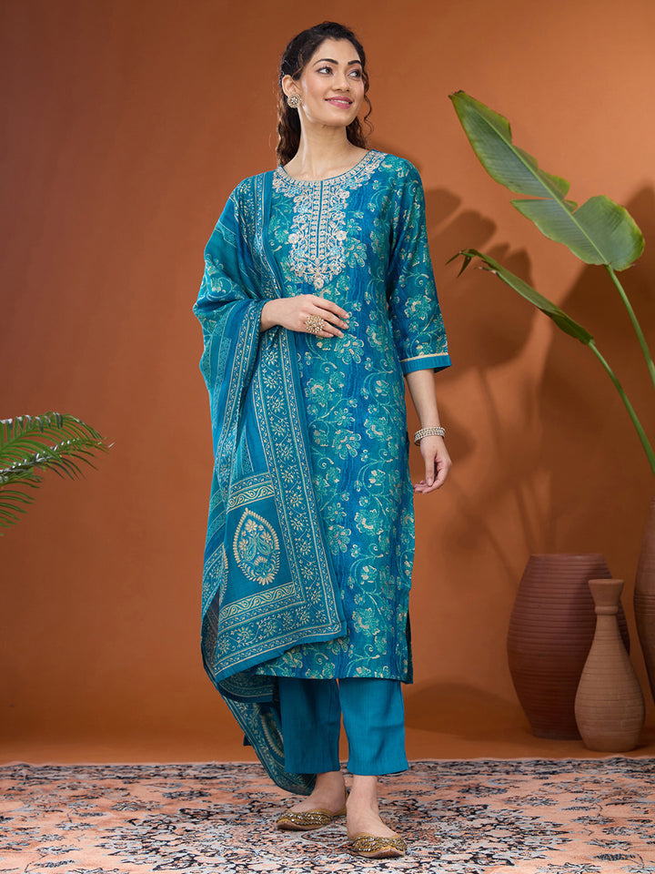 Blue Threadwork Chanderi Readymade Salwar Suit