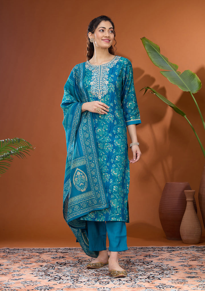 Blue Threadwork Chanderi Readymade Salwar Suit