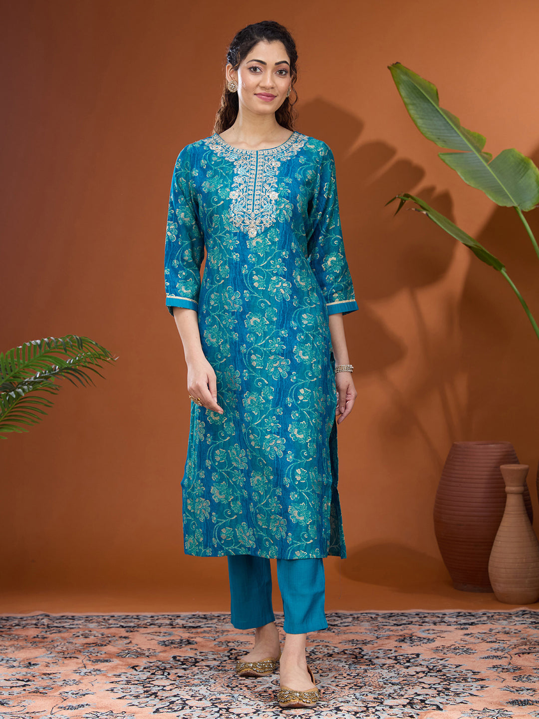 Blue Threadwork Chanderi Readymade Salwar Suit