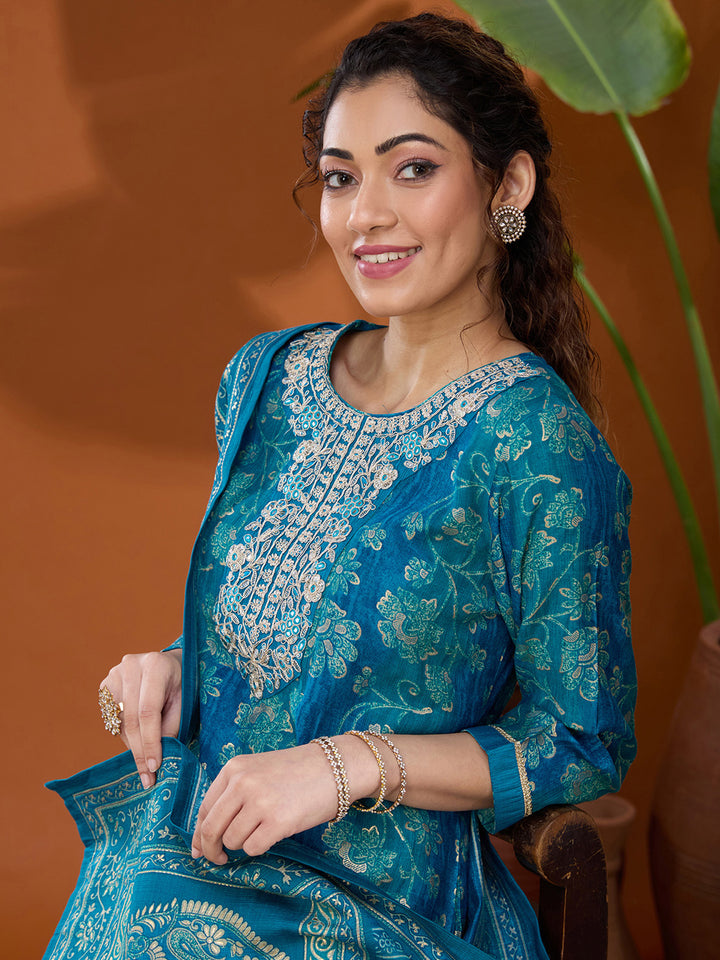 Blue Threadwork Chanderi Readymade Salwar Suit