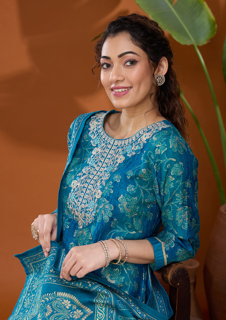 Blue Threadwork Chanderi Readymade Salwar Suit
