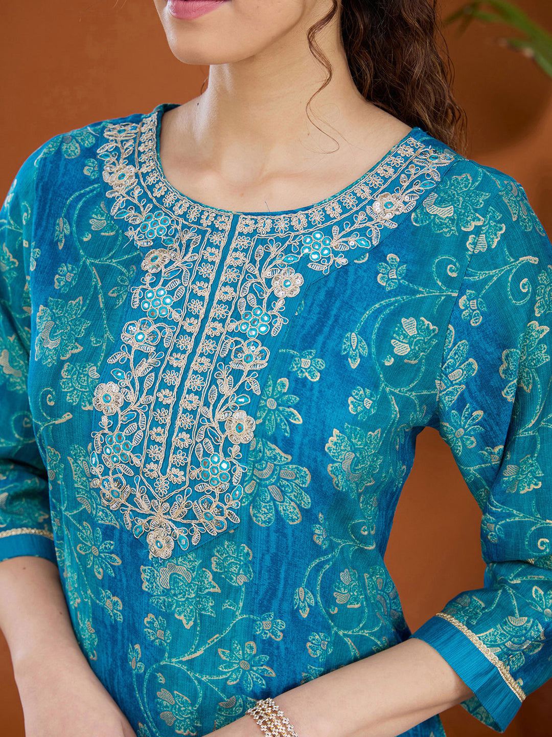 Blue Threadwork Chanderi Readymade Salwar Suit