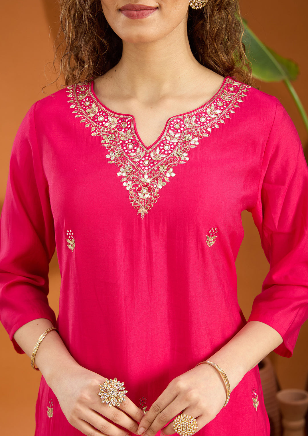 Pink Threadwork Chanderi Readymade Salwar Suit