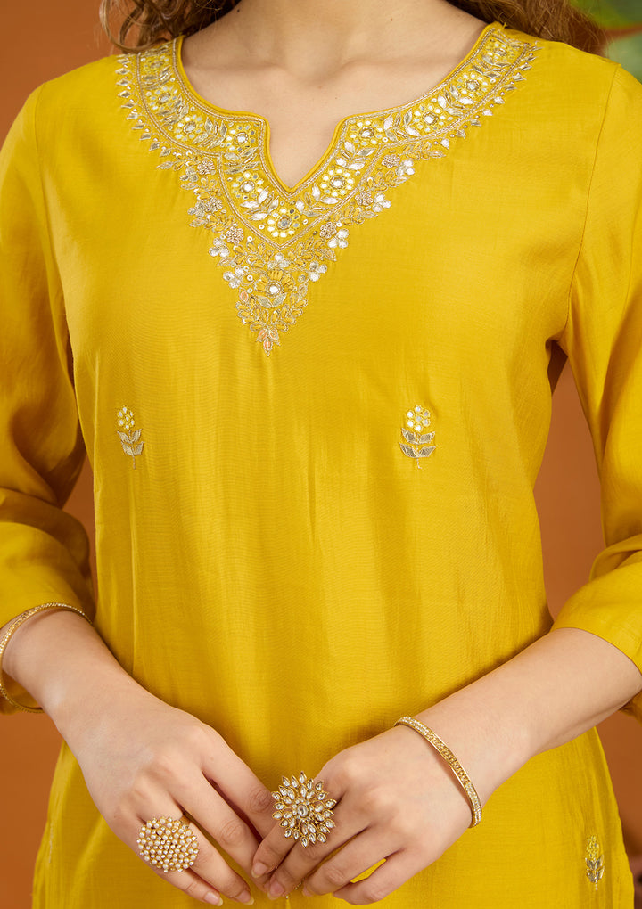 Yellow Zariwork Soft Raw Silk Readymade Salwar Suit