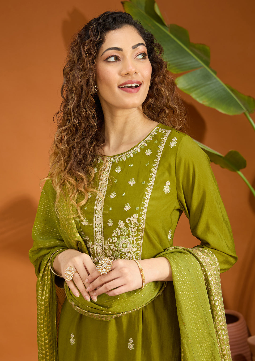 Mehandi Green Cutdana Chanderi Readymade Salwar Suit