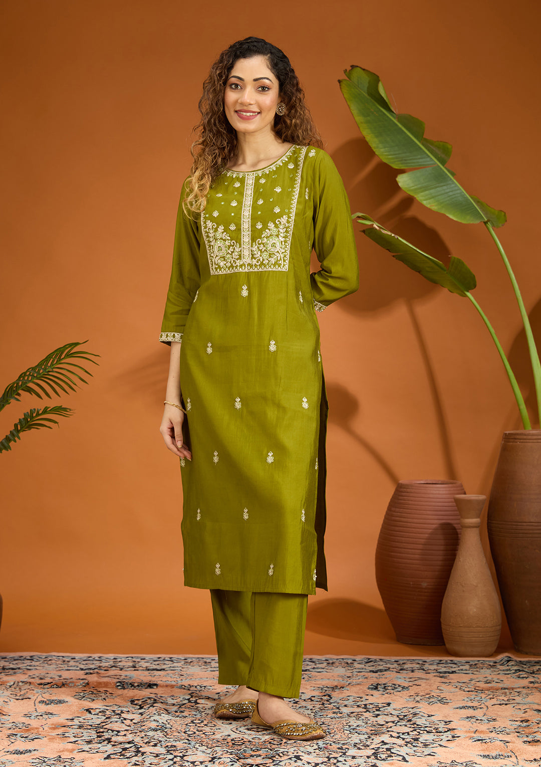 Mehandi Green Cutdana Chanderi Readymade Salwar Suit