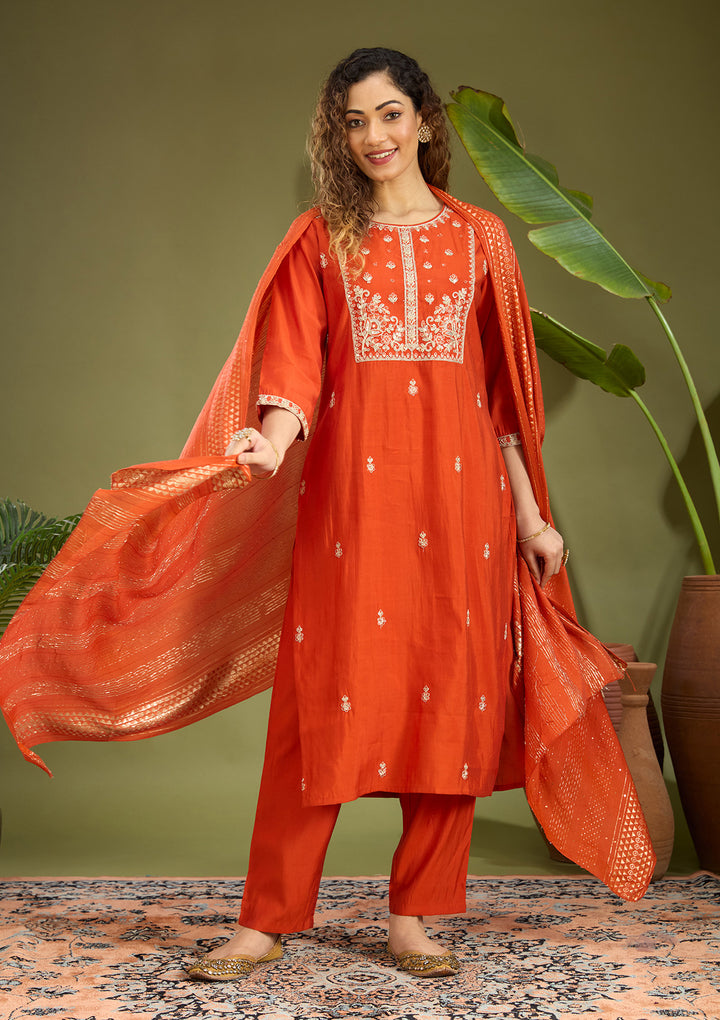 Rust Cutdana Chanderi Readymade Salwar Suit