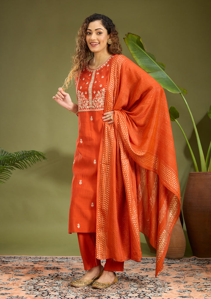 Rust Cutdana Chanderi Readymade Salwar Suit