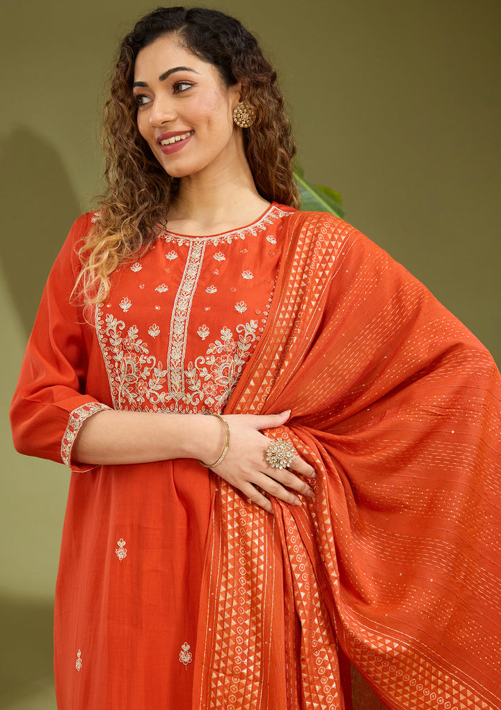 Rust Cutdana Chanderi Readymade Salwar Suit