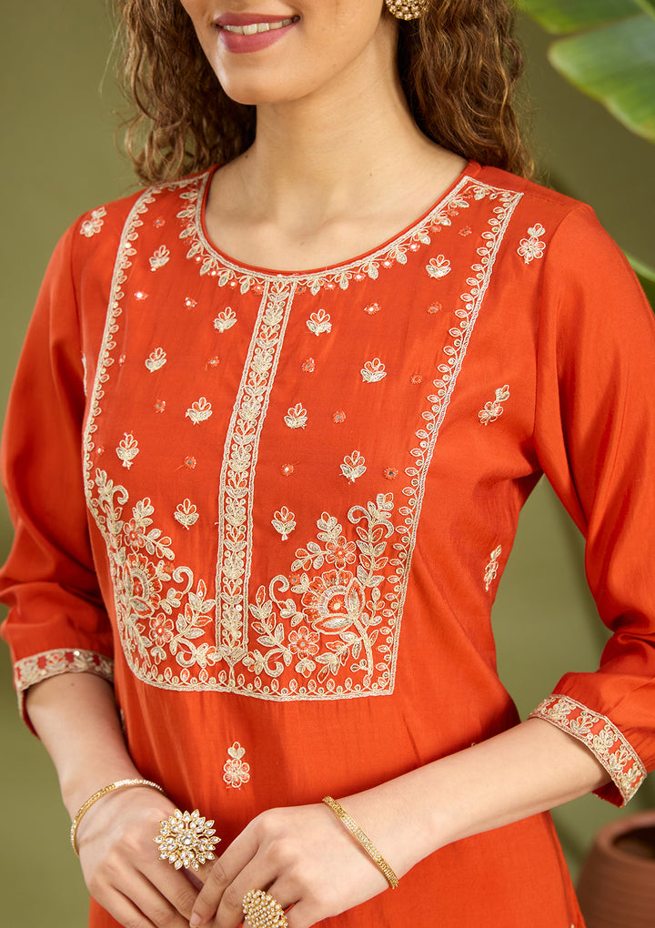 Rust Cutdana Chanderi Readymade Salwar Suit
