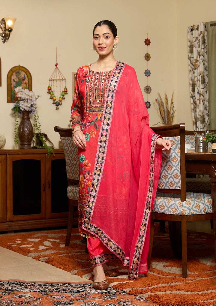 Red Mirrorwork Crepe Readymade Salwar Suit