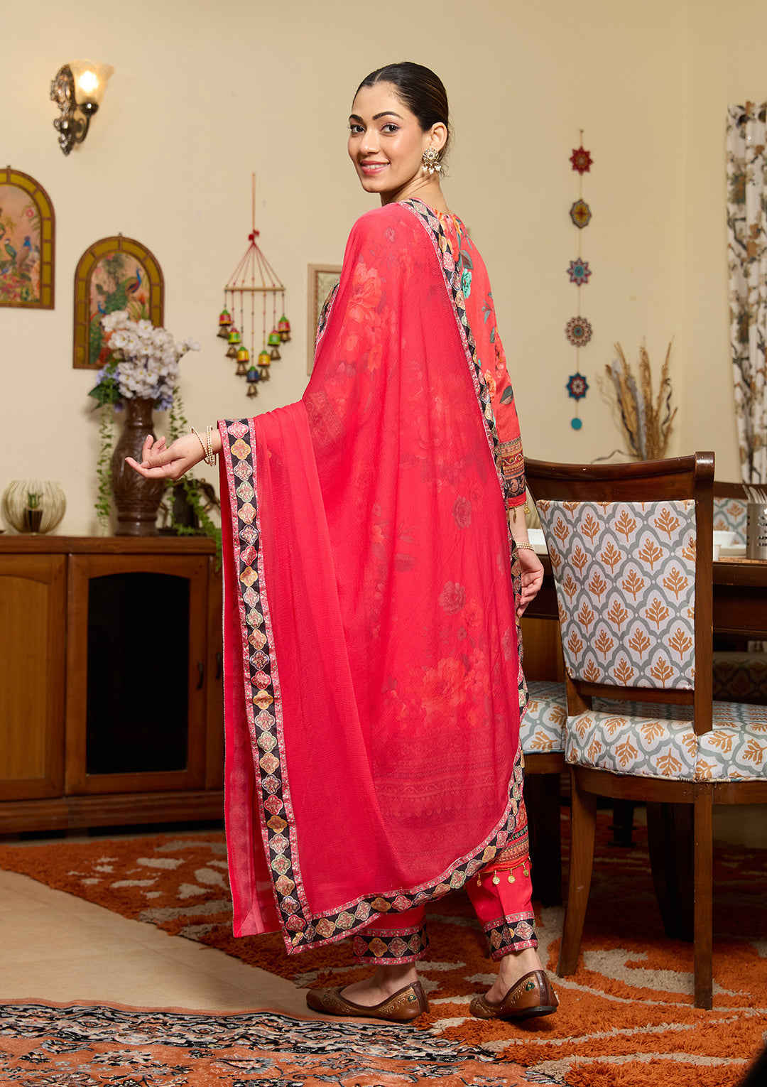 Red Mirrorwork Crepe Readymade Salwar Suit
