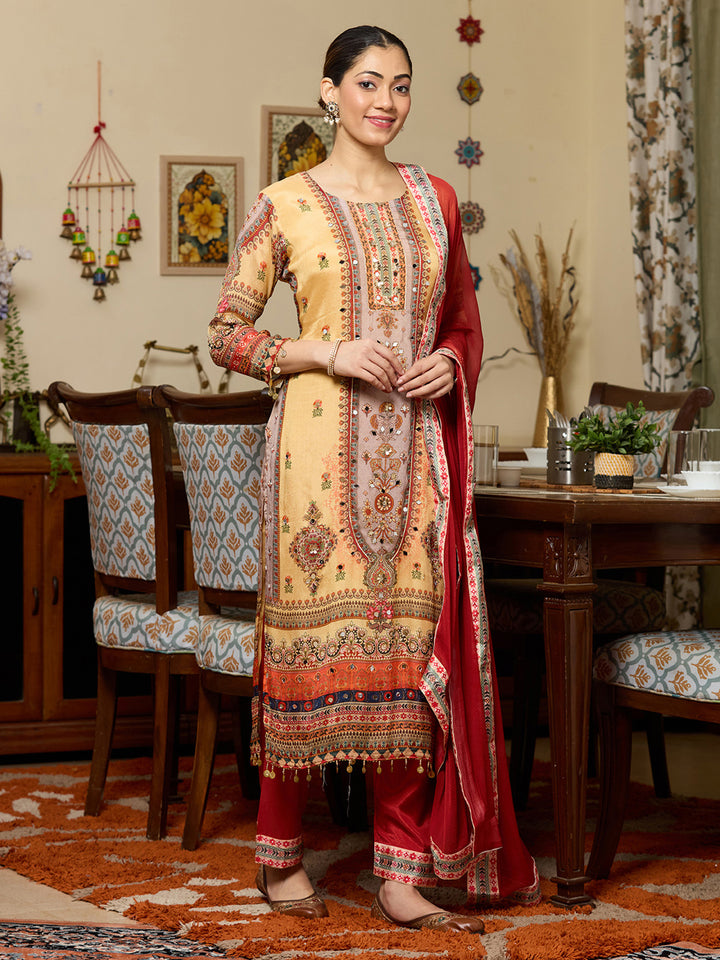 Yellow Mirrorwork Crepe Readymade Salwar Suit