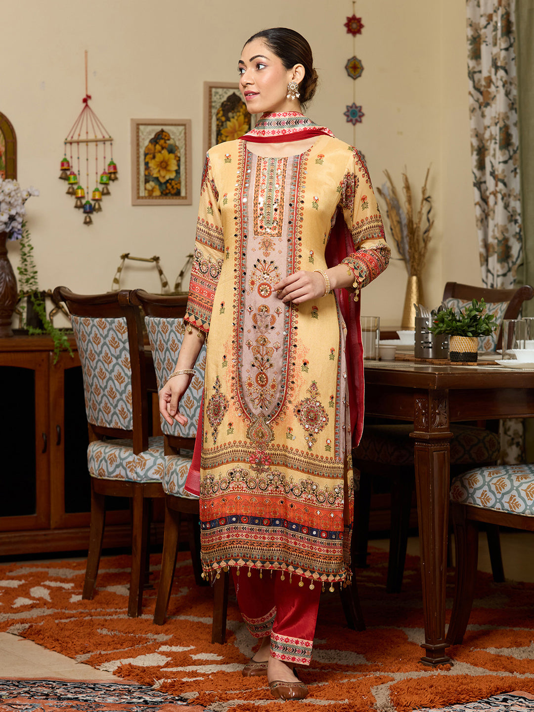 Yellow Mirrorwork Crepe Readymade Salwar Suit