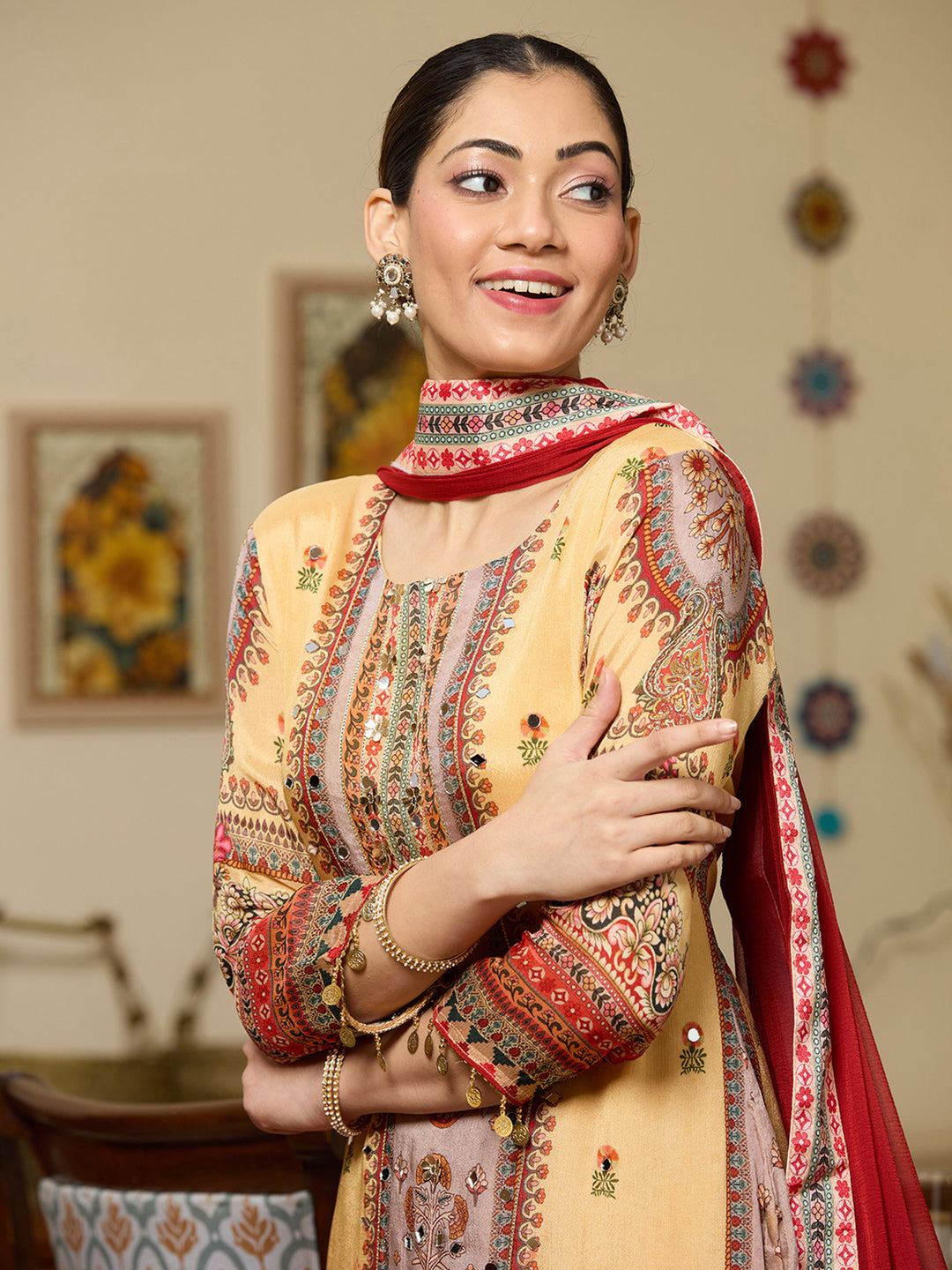 Yellow Mirrorwork Crepe Readymade Salwar Suit