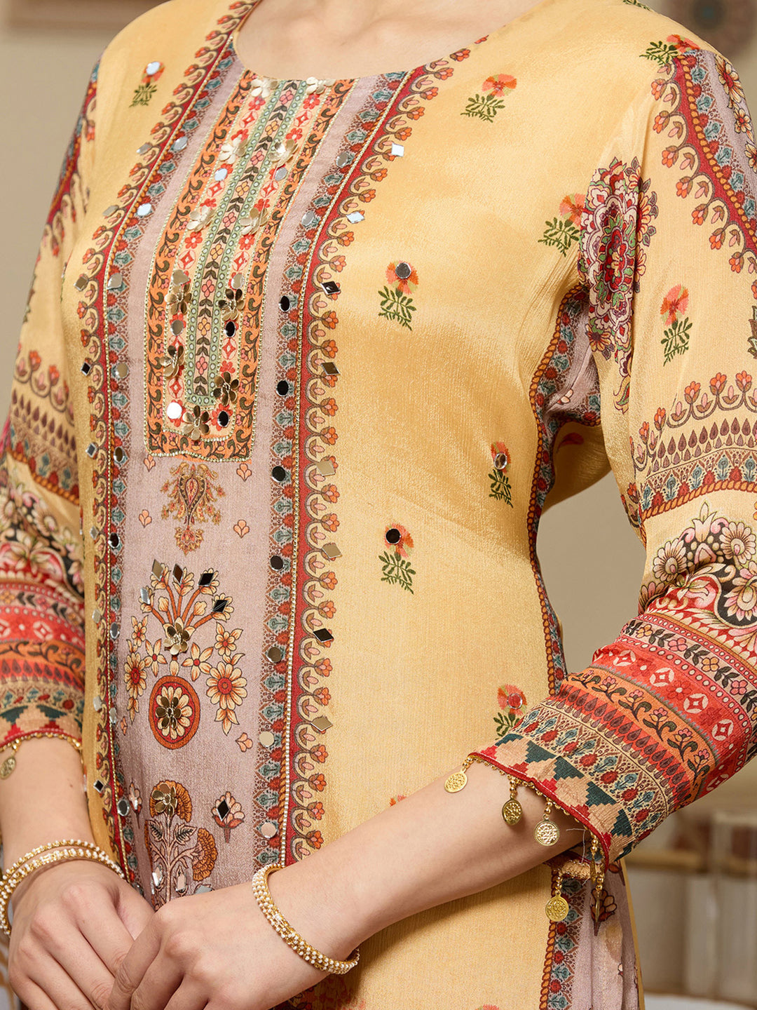 Yellow Mirrorwork Crepe Readymade Salwar Suit