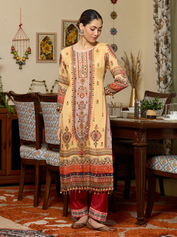 Yellow Mirrorwork Crepe Readymade Salwar Suit