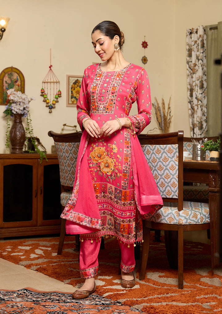 Rani Pink Mirrorwork Crepe Readymade Salwar Suit
