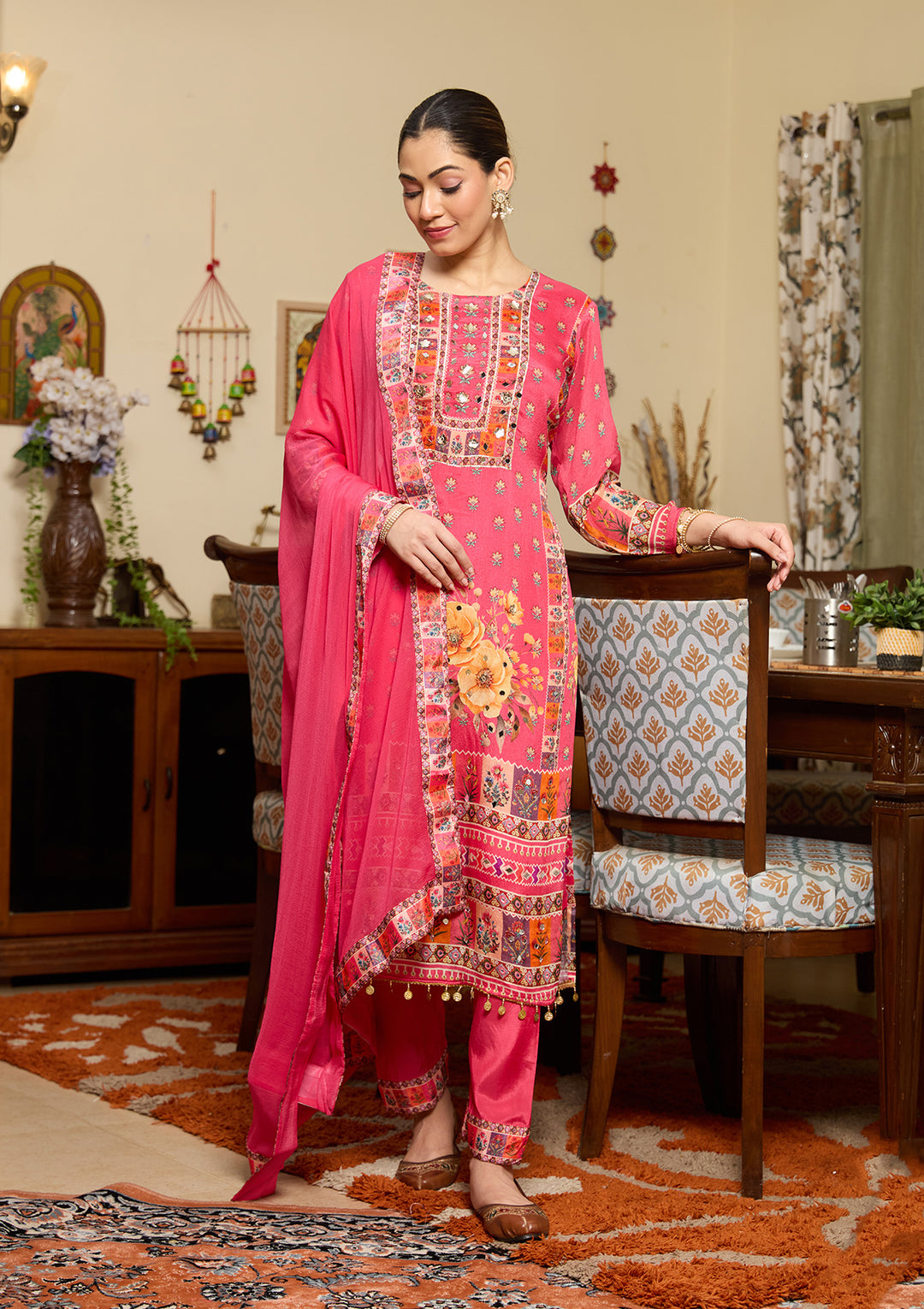 Rani Pink Mirrorwork Crepe Readymade Salwar Suit