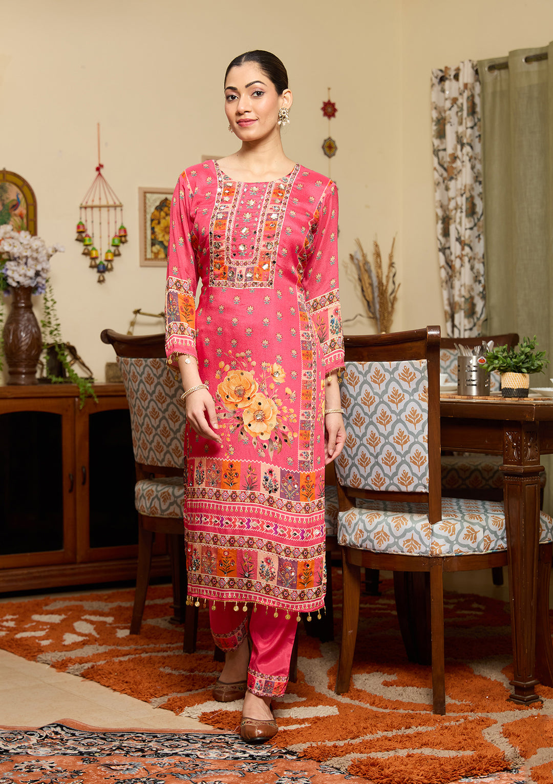 Rani Pink Mirrorwork Crepe Readymade Salwar Suit