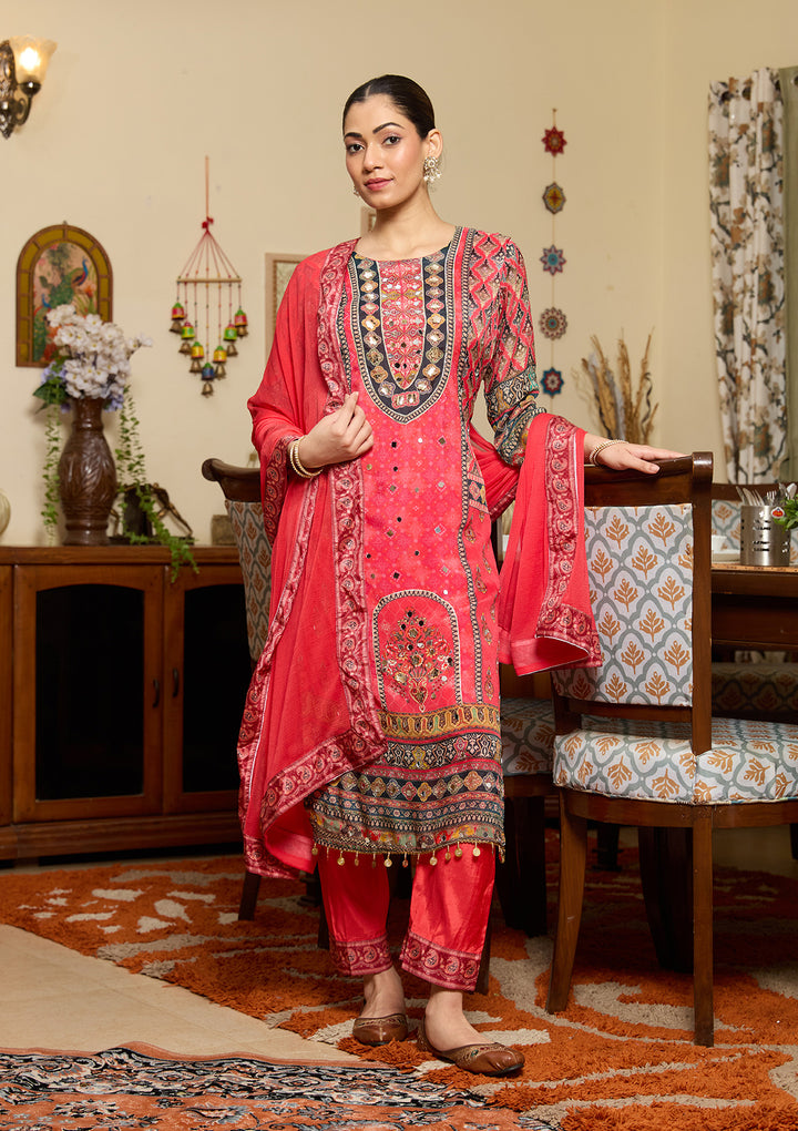Pink Mirrorwork Crepe Readymade Salwar Suit