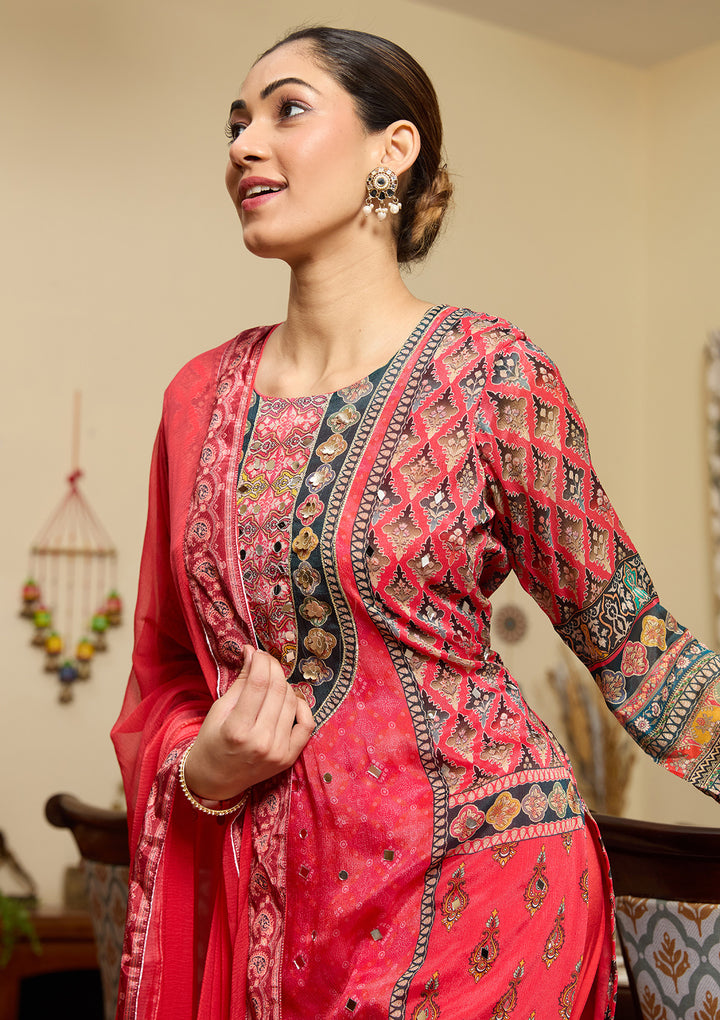 Pink Mirrorwork Crepe Readymade Salwar Suit