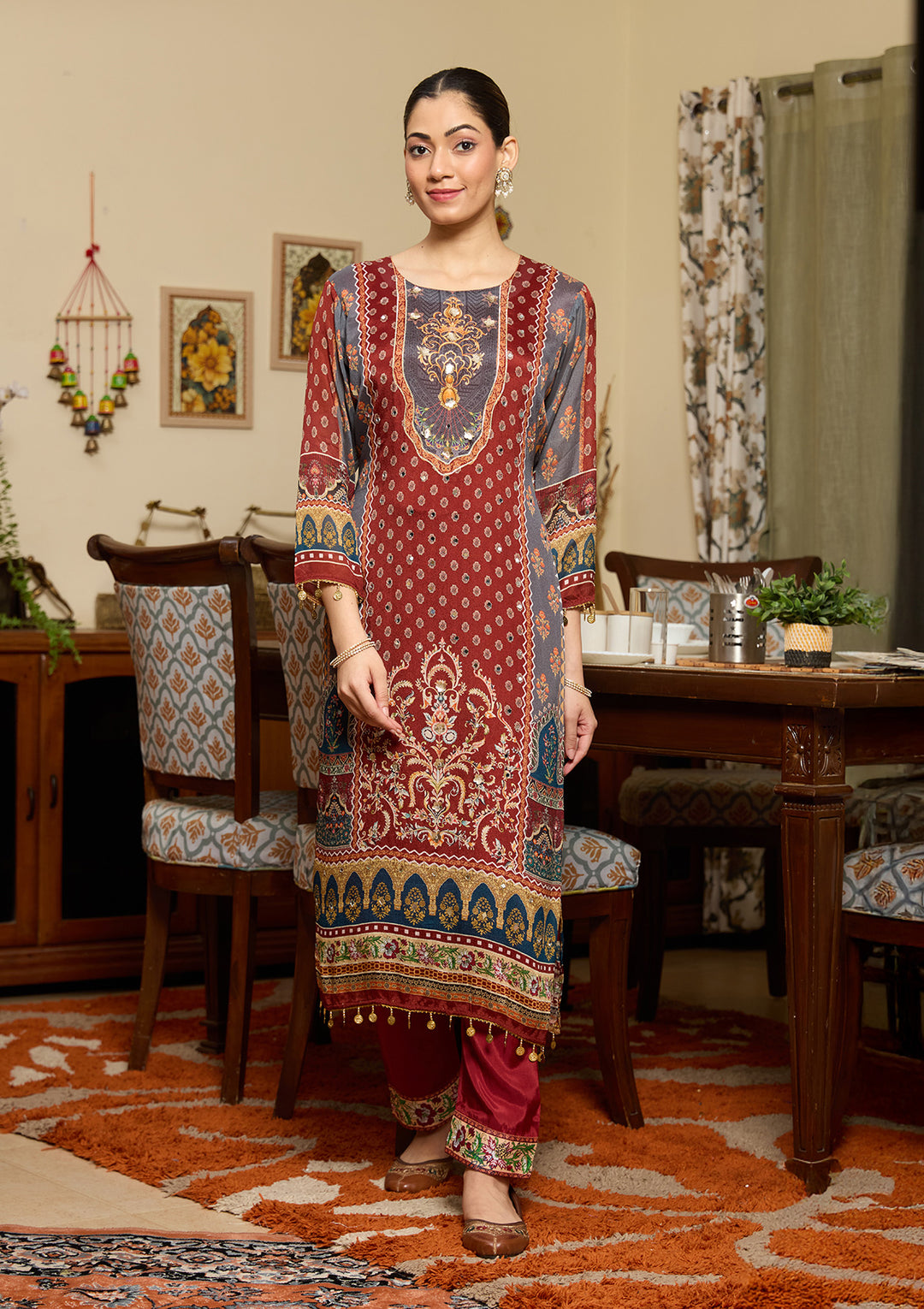 Brown Mirrorwork Crepe Readymade Salwar Suit