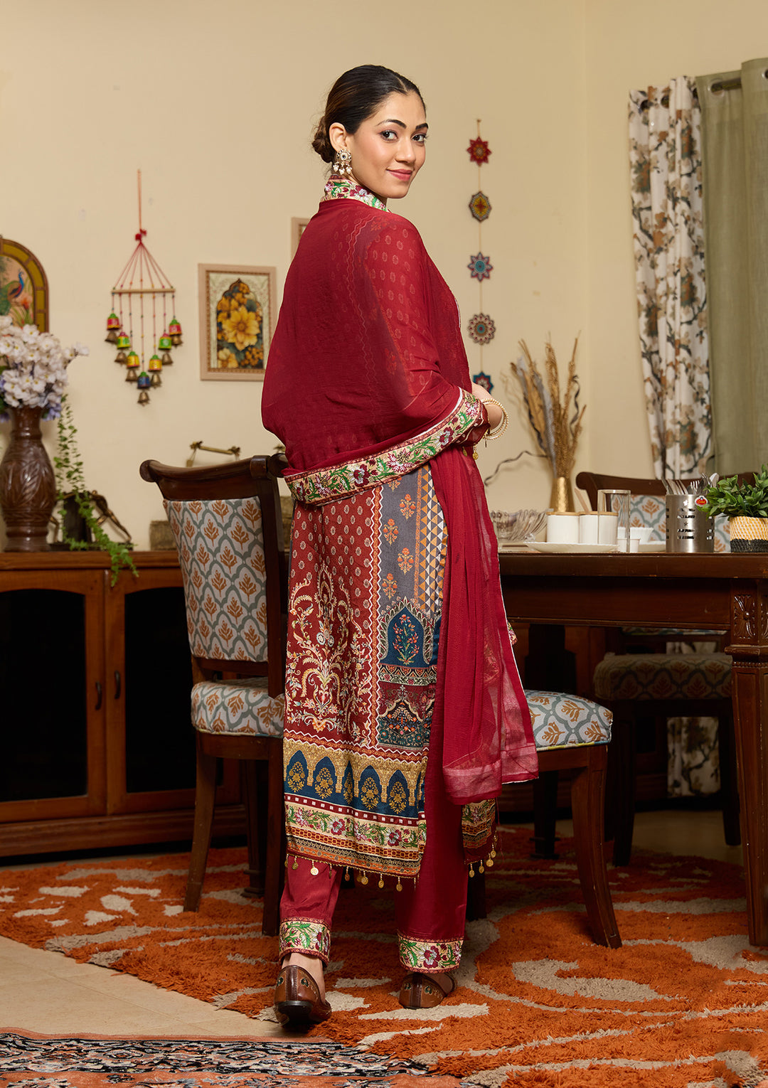 Brown Mirrorwork Crepe Readymade Salwar Suit