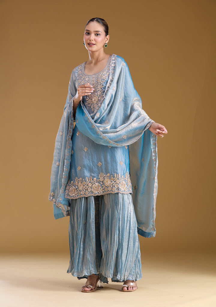 Blue Threadwork Tissue Readymade Salwar Suit