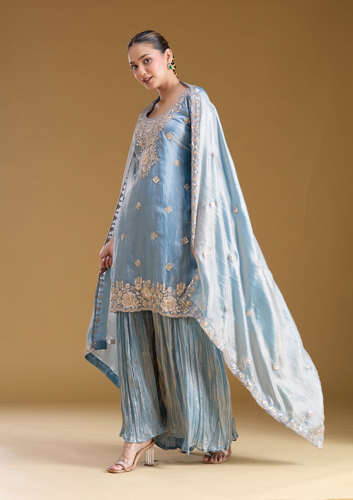 Blue Threadwork Tissue Readymade Salwar Suit