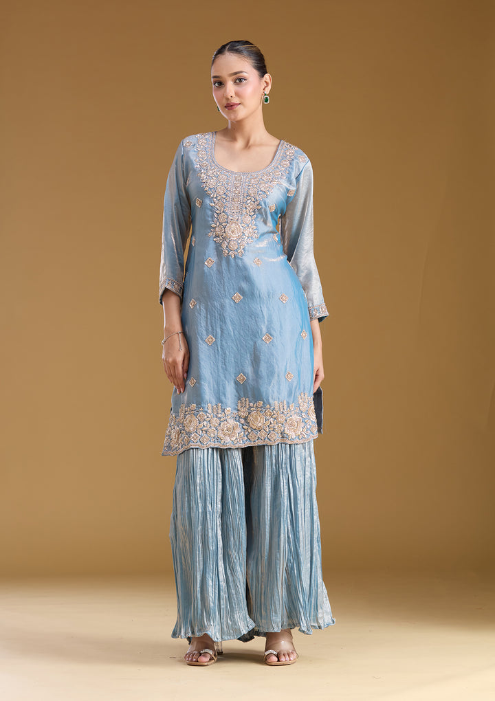 Blue Threadwork Tissue Readymade Salwar Suit
