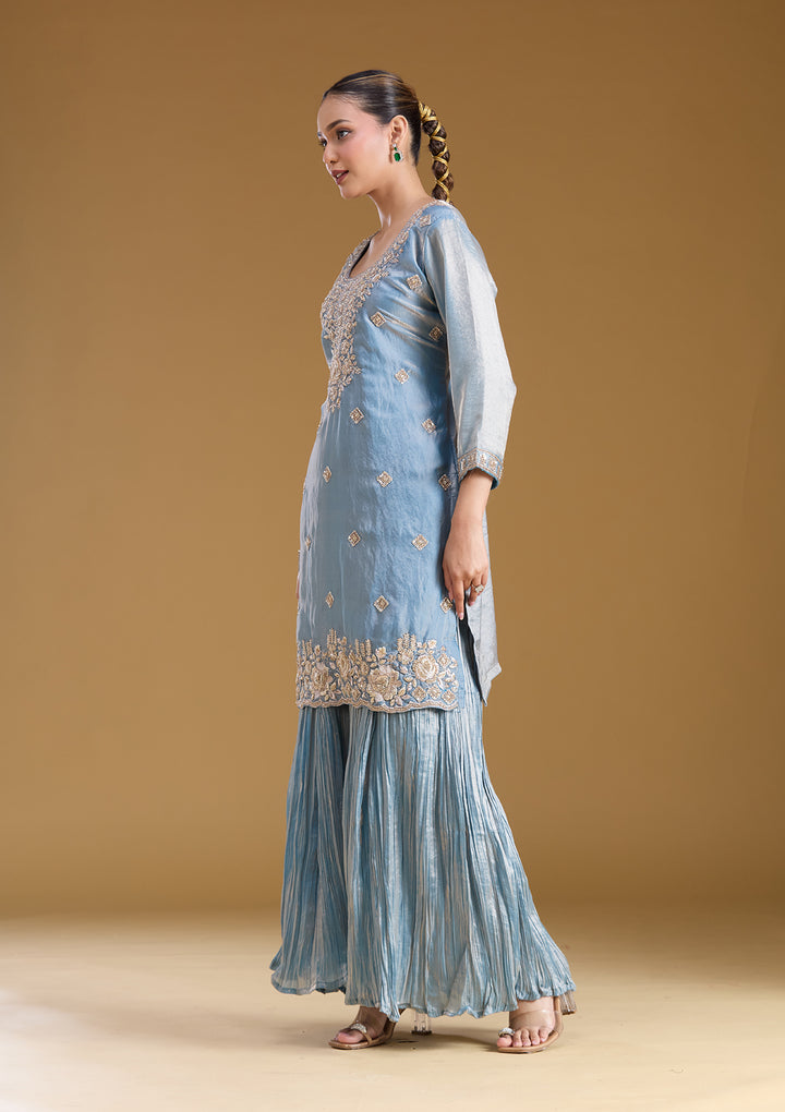 Blue Threadwork Tissue Readymade Salwar Suit